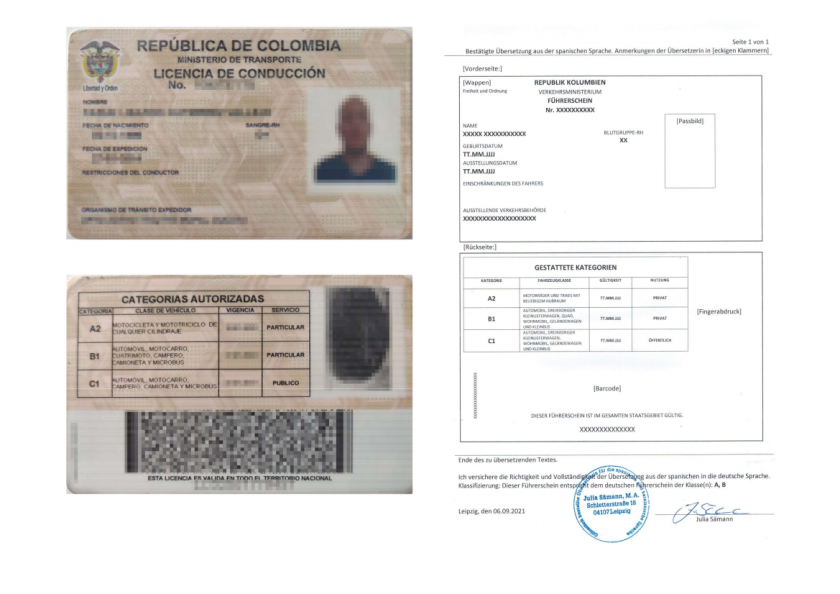 La imagen muestra la traducción jurada de una licencia de conducir colombiana al alemán