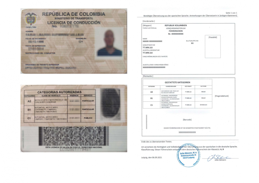 Beglaubigte Übersetzung inkl. Klassifizierung eines spanischen Führerscheins - 50,00 € inkl. MwSt. und Versand Das Bild zeigt die beglaubigte Übersetzung eines kolumbianischen Führerscheins inkl. Klassifizierung
